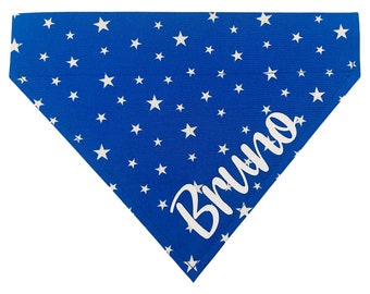 Personalised Dog / Cat Bandana * Any Name * Royal Blue with White Star Design * Slips over the Collar * XXS , XS, Small, Medium ,Large