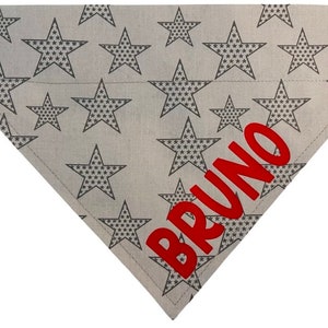 Personalised Dog Bandana * Any Name * Grey Star Design * Slips over the Collar * XXS ( Cat) , XS, Small, Medium ,Large