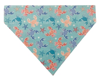 Dog Bandana * Turquoise * Crab Beach Design *  Slips over the Collar * Cat Size, XS, Small, Medium ,Large