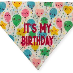 May include: White bandana with a colorful balloon pattern and the text "It's My Birthday".