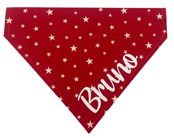 Personalised Dog / Cat Bandana * Any Name * Red with White Star Design * Slips over the Collar * XXS , XS, Small, Medium ,Large