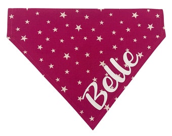 Personalised Dog / Cat Bandana * Any Name * Pink with White Star Design * Slips over the Collar * XXS , XS, Small, Medium ,Large