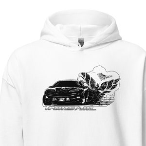 May include: White hoodie with a black and white graphic of a car with smoke coming out of the exhaust. The text "Trans Am" is printed below the car.