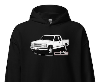 May include: Black hooded sweatshirt with a white outline of a pickup truck on the front. The truck has a white body and a black grill.