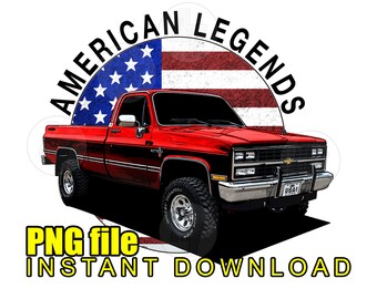 May include: Red Chevrolet pickup truck with an American flag background. The text "American Legends" is in a circle around the flag. The text "PNG file INSTANT DOWNLOAD" is below the truck.
