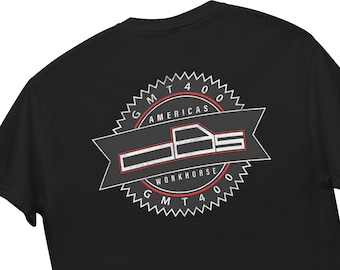May include: Black t-shirt with a white and red circular graphic. The graphic features a truck silhouette with the text "GMT 400 AMERICAS WORKHORSE".