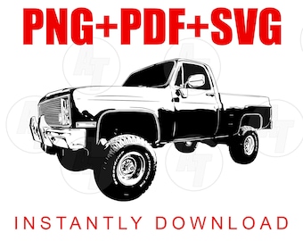 May include: Black and white silhouette of a pickup truck. The truck has a large grille and a long bed. The text "PNG+PDF+SVG" is above the truck and the text "INSTANTLY DOWNLOAD" is below the truck.