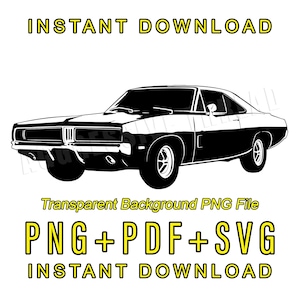 Puede incluir: Silueta en blanco y negro de un Dodge Charger muscle car clásico de la década de 1970. El coche tiene un capó largo, una parrilla negra y un alerón trasero. El coche está sobre un fondo blanco. El texto "INSTANT DOWNLOAD" aparece sobre el coche y debajo del coche. El texto "PNG + PDF + SVG" aparece en letras amarillas debajo del coche.