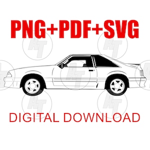 May include: A black and white line drawing of a Ford Mustang. The image includes the text "PNG+PDF+SVG DIGITAL DOWNLOAD".