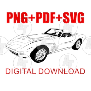 Téléchargement numérique de la Corvette C3, 72 Corvette Vector Graphic Clip Art fichier, dessin de voiture de course, Illustration automobile, noir et blanc