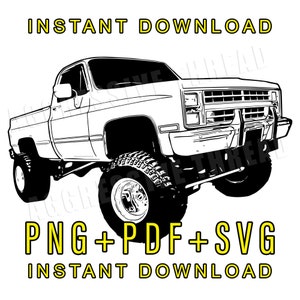 May include: Black and white line art illustration of a pickup truck with large tyres. The truck is facing the viewer and the front grille is visible. The text "PNG + PDF + SVG INSTANT DOWNLOAD" is below the truck.