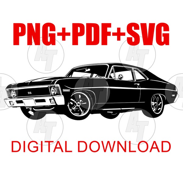 68-72 Nova Vector Muscle Car Drawing Clip Art Digital Download svg ai png pdf Cut File DTG T-Shirt Design Screenprinting Graphic