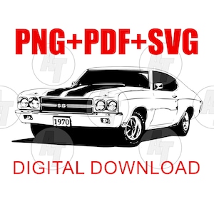 May include: Black and white line art illustration of a 1970 Chevrolet Chevelle SS. The car is facing forward with the front wheels turned slightly to the left. The car has a black stripe running across the hood. The text "PNG+PDF+SVG" is in red at the top of the image. The text "DIGITAL DOWNLOAD" is in red at the bottom of the image.
