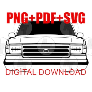 Può includere: Illustrazione in bianco e nero di un pick-up Ford F-Series. Il camion è rivolto in avanti e sono visibili la griglia anteriore, i fari e il paraurti. Il testo "PNG+PDF+SVG DIGITAL DOWNLOAD" è in rosso nella parte inferiore dell'immagine.