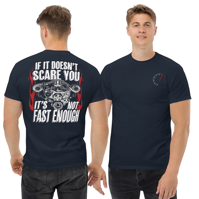 Car Enthusiasts Shirt, Gear Head Race Car Drag Racing Hot Rod T-Shirt modeled in navy 2