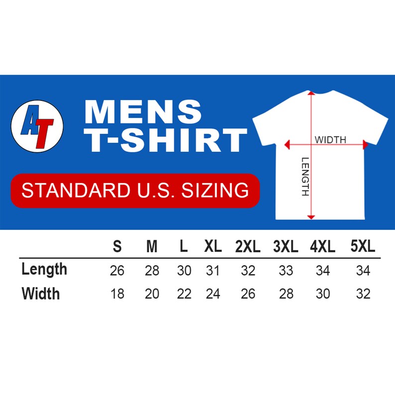 May include: A chart showing standard US sizing for men's t-shirts. The chart shows the length and width measurements in inches for sizes S through 5XL.