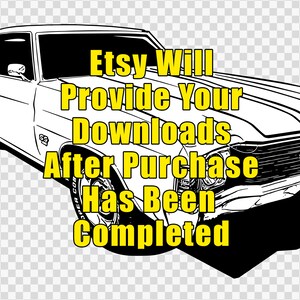 May include: Black and white illustration of a classic car with the text "Etsy Will Provide Your Downloads After Purchase Has Been Completed" in yellow.