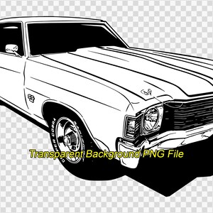 May include: Black and white line art illustration of a classic American muscle car. The car has a long hood, a large grille, and a prominent rear end. The car is drawn in a realistic style, with details such as the headlights, taillights, and wheels.