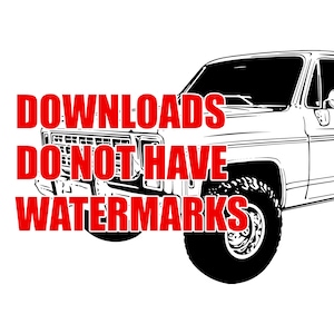 以下が含まれることがあります： 赤い文字で「DOWNLOADS DO NOT HAVE WATERMARKS」と書かれた、ヴィンテージピックアップトラックの白黒線画イラスト
