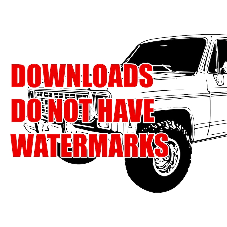 以下が含まれることがあります： 赤い文字で「DOWNLOADS DO NOT HAVE WATERMARKS」と書かれた、ヴィンテージピックアップトラックの白黒線画イラスト