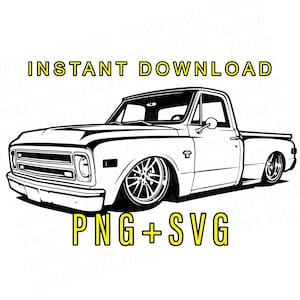 Peut inclure: Illustration en noir et blanc d'un pick-up classique avec une suspension abaissée et des roues personnalisées. Le texte "INSTANT DOWNLOAD" et "PNG + SVG" est en jaune.