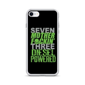 May include: A clear phone case with a black background and white text that reads "SEVEN MOTHER FCKIN' THREE DIESEL POWERED". The text is in a distressed font and has a green skull graphic.