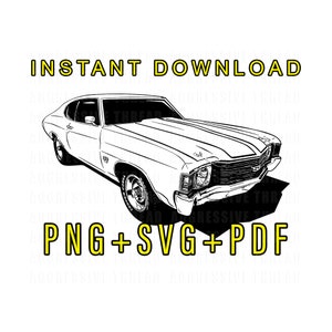 May include: Black and white line art illustration of a classic car, a Chevrolet Chevelle, with the text "INSTANT DOWNLOAD PNG+SVG+PDF" above the car.
