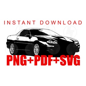 May include: Black and white silhouette of a Chevrolet Camaro car. The car is facing the viewer with the front headlights visible. The text "INSTANT DOWNLOAD PNG+PDF+SVG" is below the car.