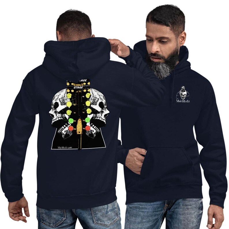 Man modeling Drag Racing Hoodie Car Guy Hot Rod Sweatshirt navy