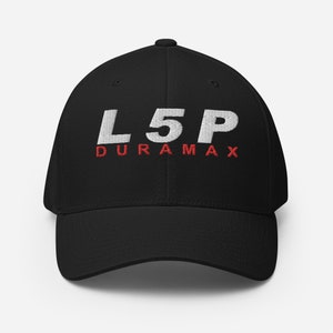 May include: Black baseball cap with white embroidered text "L5P DURAMAX".