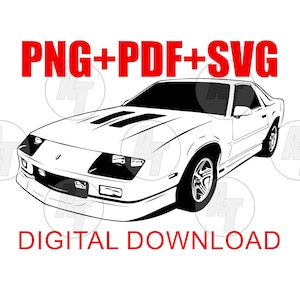 Peut inclure: Illustration en noir et blanc d'une voiture classique, une Chevrolet Camaro. Le texte "PNG+PDF+SVG DIGITAL DOWNLOAD" est sous la voiture.