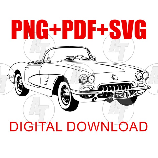 1958 Corvette Car Vector SVG, png First Gen C1 Corvette, Vector Graphic Clip Art for tshirts, cakes, screenprint, DTG, Pod Print File