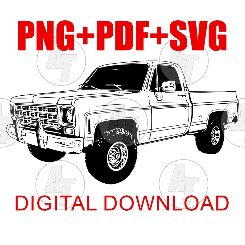以下が含まれることがあります： ヴィンテージピックアップトラックの白黒線画イラスト。PNG、PDF、SVGのデジタルダウンロードです。