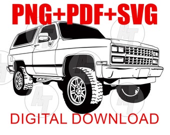 May include: Black and white line art illustration of a Chevrolet Suburban SUV. The SUV has a large front grille and a square body style. The image includes the text "PNG+PDF+SVG DIGITAL DOWNLOAD".