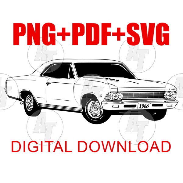 1966 Chevelle SVG, PNG, PDF Vintage Vector Car Digital Download for dtg, Design, and Artwork with Transparent Background