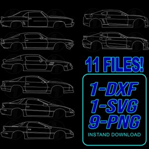 May include: A digital download of 11 files, including 1 DXF, 1 SVG, and 9 PNG files, featuring a line drawing of a classic car. The text "11 FILES! 1-DXF 1-SVG 9-PNG INSTAND DOWNLOAD" is displayed in blue and white.