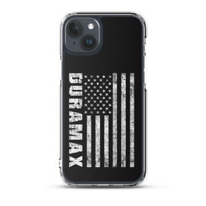 May include: A clear phone case with a black background and a white distressed American flag with the word "SURVIVAL" printed vertically on the left side.