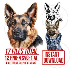 German Shepherd Digital Dowload. Dog Art Vector, Black And White and Full Color, 3 Versions in One