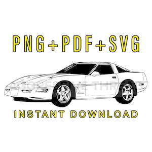 Téléchargement numérique de la Corvette C4, fichier Corvette 4e génération 96 Vector Graphic Clip Art, dessin de voiture de course, Illustration automobile, noir et blanc