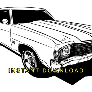 May include: Black and white line art illustration of a classic car, a Chevrolet Chevelle SS, with a 'Goodyear Cobra' tire visible. The car is facing the right side of the image. The car has a 'SS' emblem on the side.