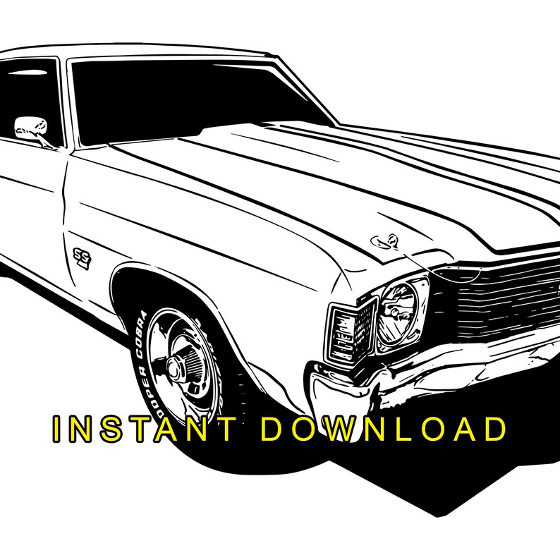 May include: Black and white line art illustration of a classic car, a Chevrolet Chevelle SS, with a 'Goodyear Cobra' tire visible. The car is facing the right side of the image. The car has a 'SS' emblem on the side.