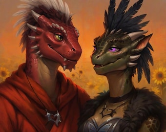Custom Couple Fantasy D&D character portrait, Fursona DND Art commission, Personalized painting from photo,Furry family gift,BG3 digital art