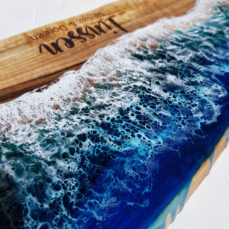 Large Engraved Live Edge Wood Cutting Board Ocean Resin Art Etsy