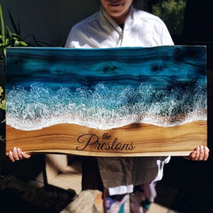 LARGE Made-to-order Large Engraved Live edge Walnut wood Cutting board with Ocean Resin art -Custom, Personalized, Beachouse, Tropical, Sea