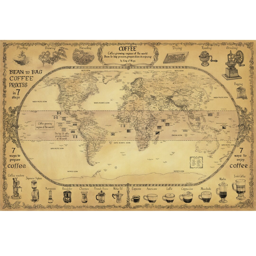 Two Rivers Coffee Map Coffee World Map – Hand‑drawn Art Print – Coffee‑growing Regions & Bean ...