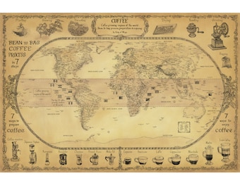 COFFEE WORLD MAP - Coffee Lovers Love this Map ! Coffee Growing regions of the world, Tree to your Cup Process and 7 types of Coffee drink