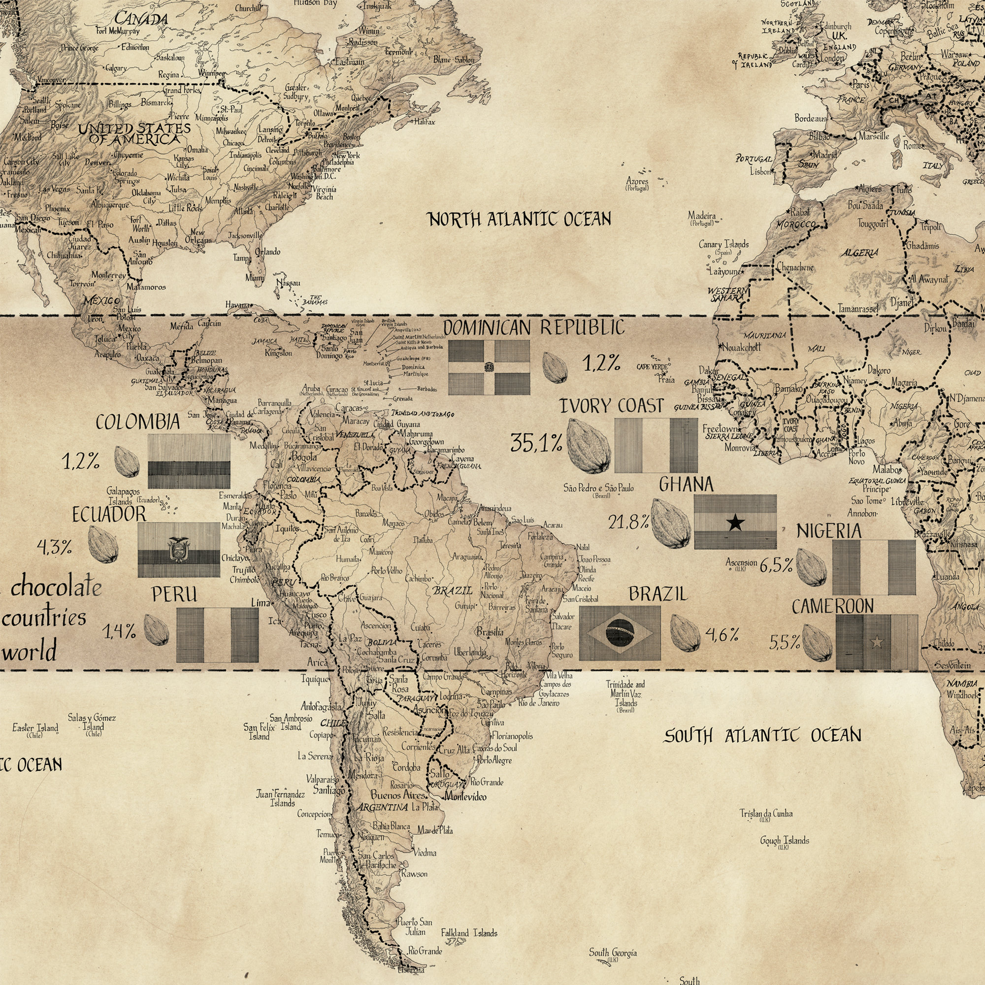 Chocolate World Map – Hand‑drawn Art Print – Cacao‑growing Regions ...