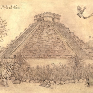 May include: A black and white pencil drawing of the Chichen Itza pyramid in Mexico, with wildlife of the region including a jaguar, armadillo, and birds. The text "Chichen Itza Wildlife of the Region" is at the top of the image.
