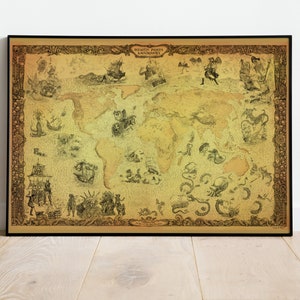 SKELETON PIRATES MAP - World Map adorned with Skeleton Sea Monsters, Skeleton Pirates and Treasure Island