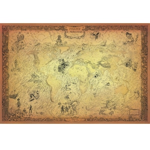 PIRATE MAP - Hand drawn Pirates of the Seven Seas World Map- Our SeaBeastie , Pirate ship and Sea Gods world map - Treasure island